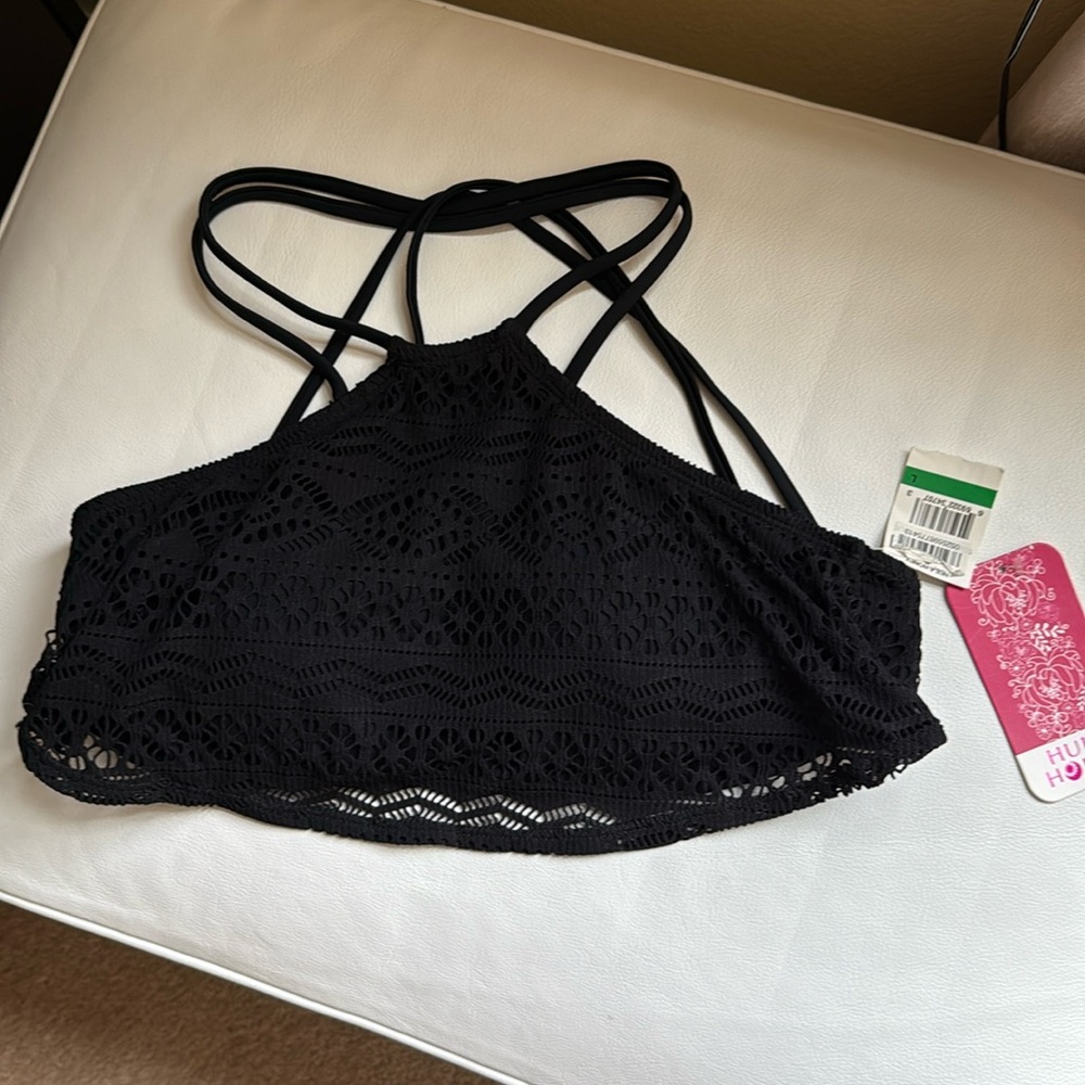 NWT Hula Honey black lace overlay swimsuit top with crisscross back and padded